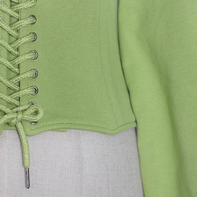 Hoodies - Trendy Green Hoodie with Corset Design for Women
