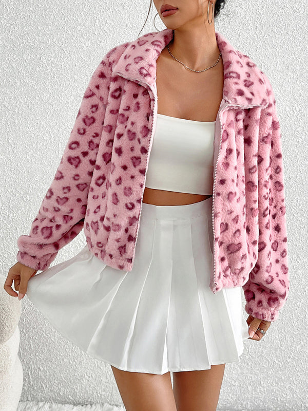 Jackets - Fleece Leopard Print Jacket High-Collar Outerwear for Women