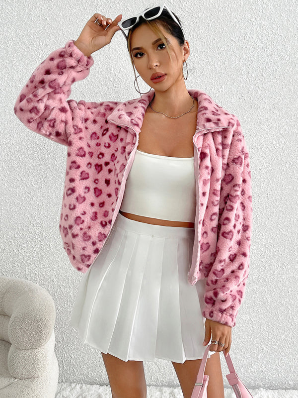 Jackets - Fleece Leopard Print Jacket High-Collar Outerwear for Women