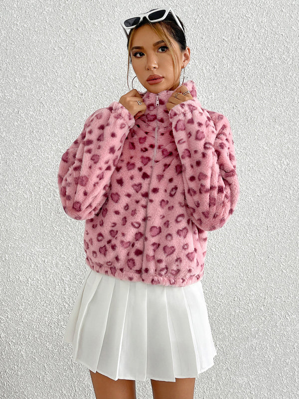 Jackets - Fleece Leopard Print Jacket High-Collar Outerwear for Women