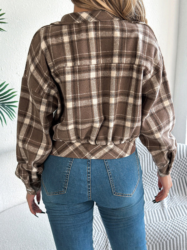 Jackets - Tan Plaid Shacket Autumn Crop Jacket