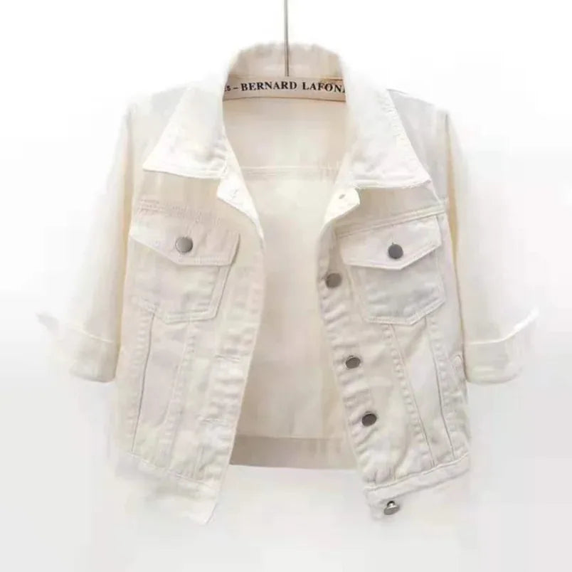 Jackets- Women Boxy Denim Jacket with 3/4 Sleeves- White- Pekosa Women Fashion
