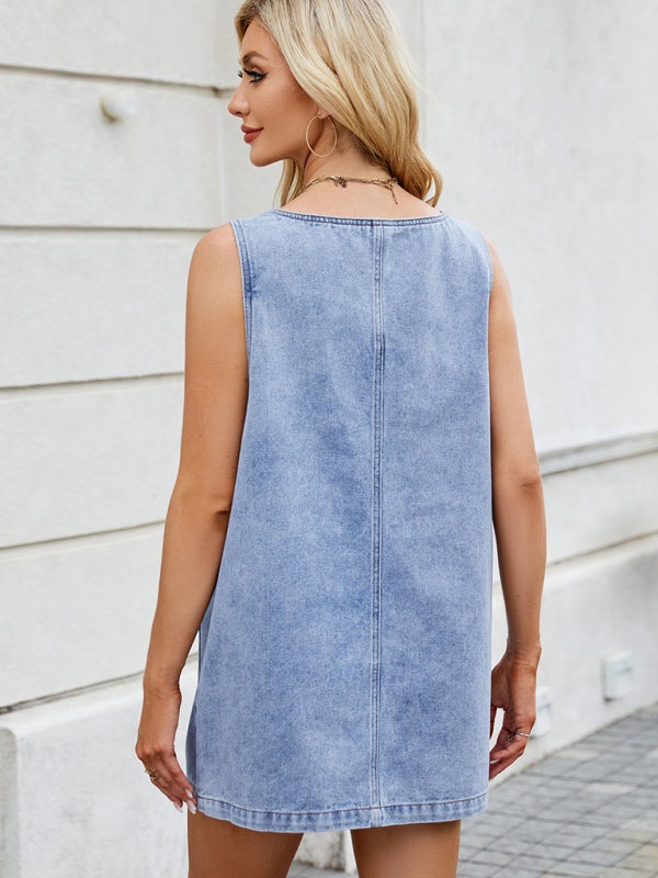 Jumper Dress - Casual Denim Jumper Dress with Side Pockets