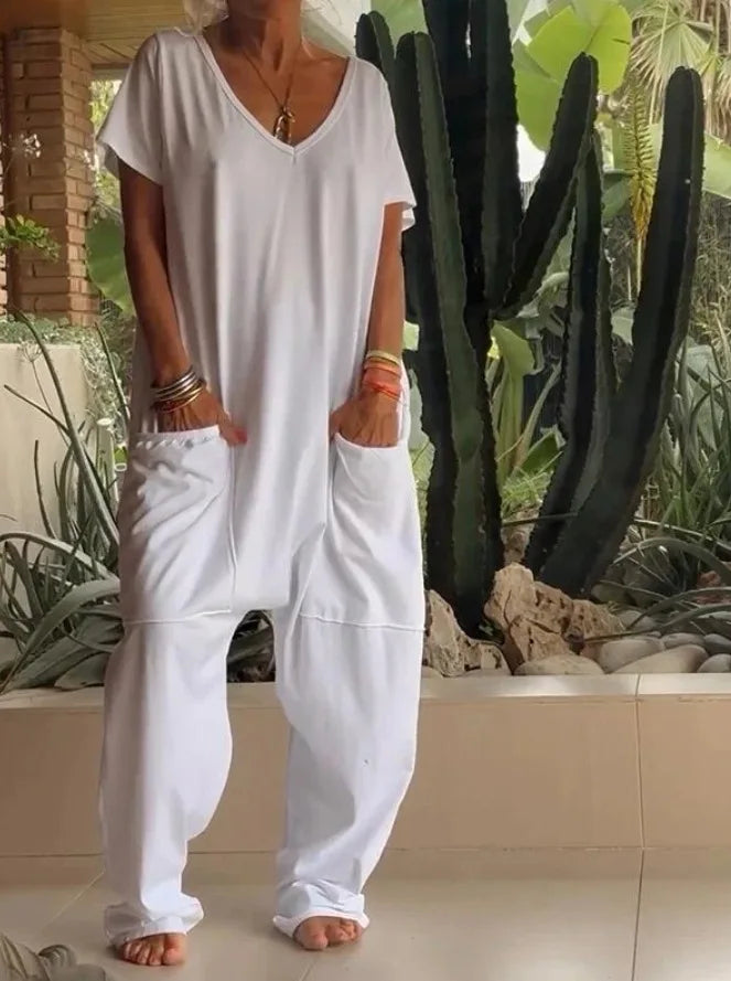 Jumpsuits - Casual White V-Neck Jumpsuit for Relaxed Style