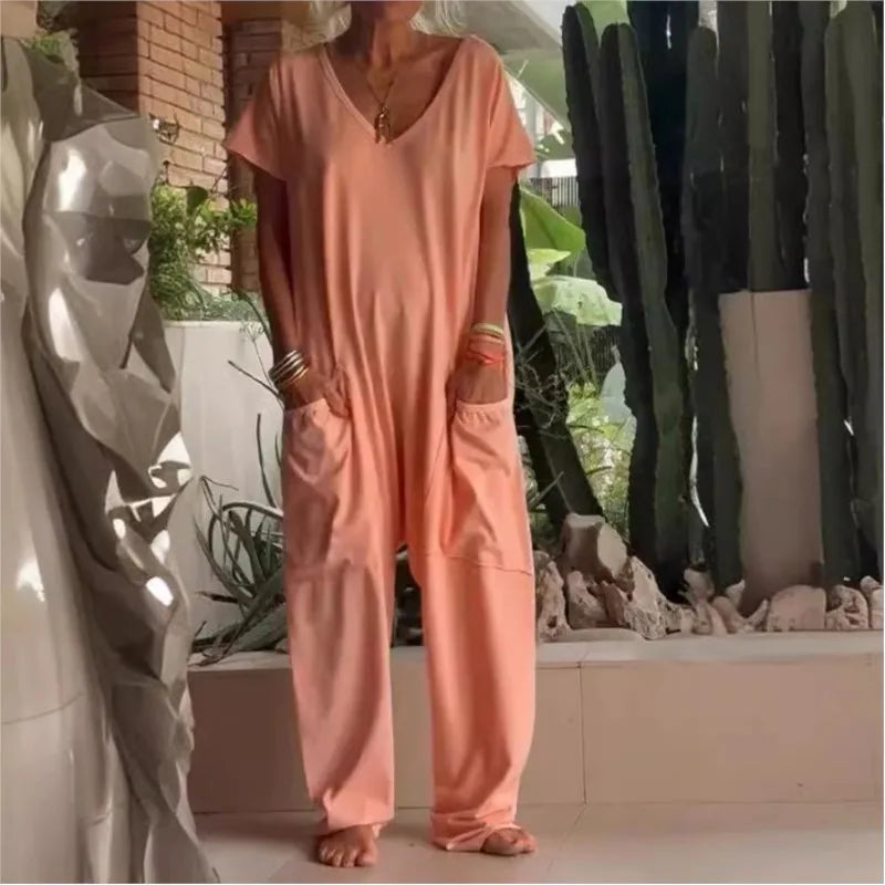 Jumpsuits - Casual White V-Neck Jumpsuit for Relaxed Style
