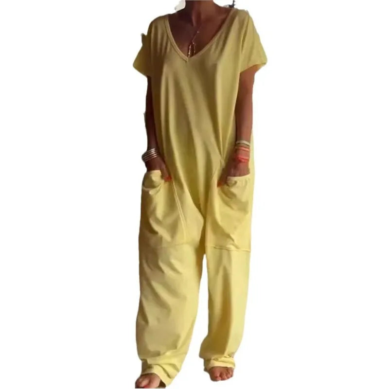 Jumpsuits - Casual White V-Neck Jumpsuit for Relaxed Style