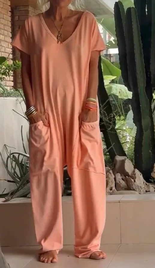 Jumpsuits - Casual White V-Neck Jumpsuit for Relaxed Style