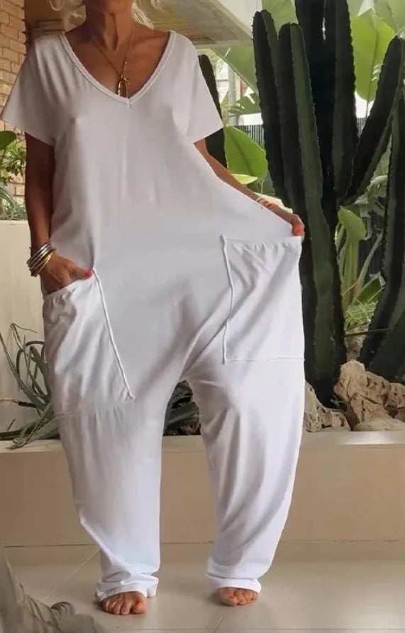 Jumpsuits - Casual White V-Neck Jumpsuit for Relaxed Style