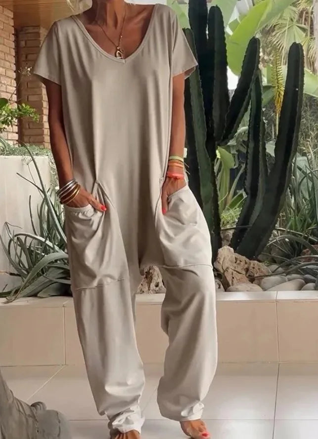 Jumpsuits - Casual White V-Neck Jumpsuit for Relaxed Style