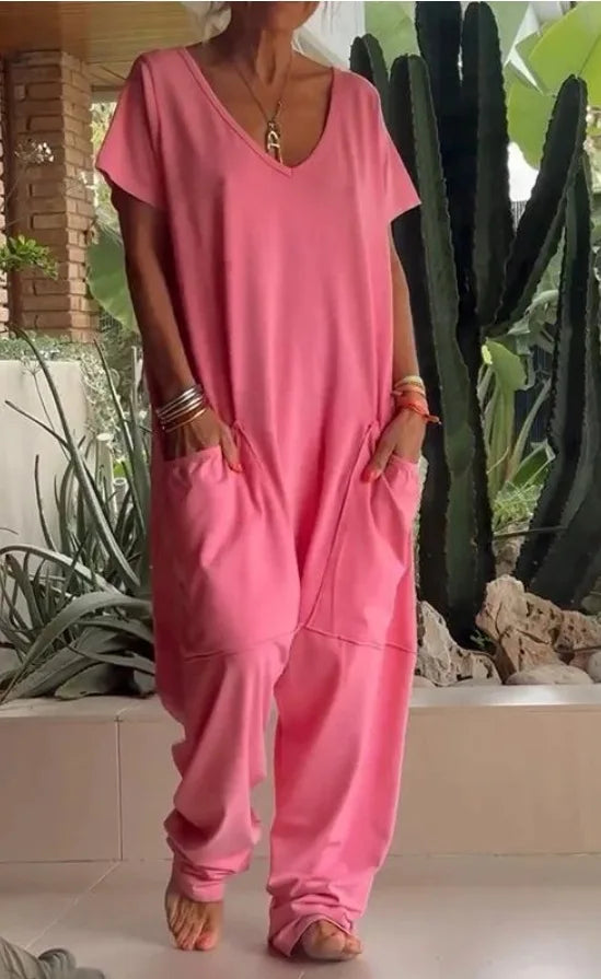 Jumpsuits - Casual White V-Neck Jumpsuit for Relaxed Style