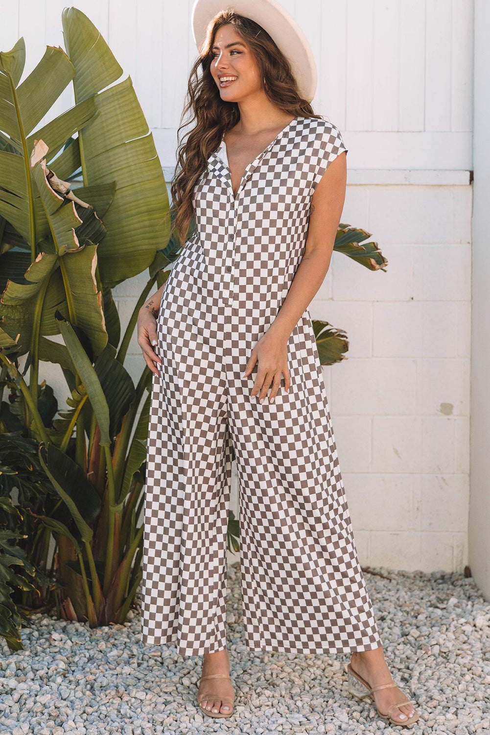 Jumpsuits & Rompers - Checkered Wide-Leg Jumpsuit