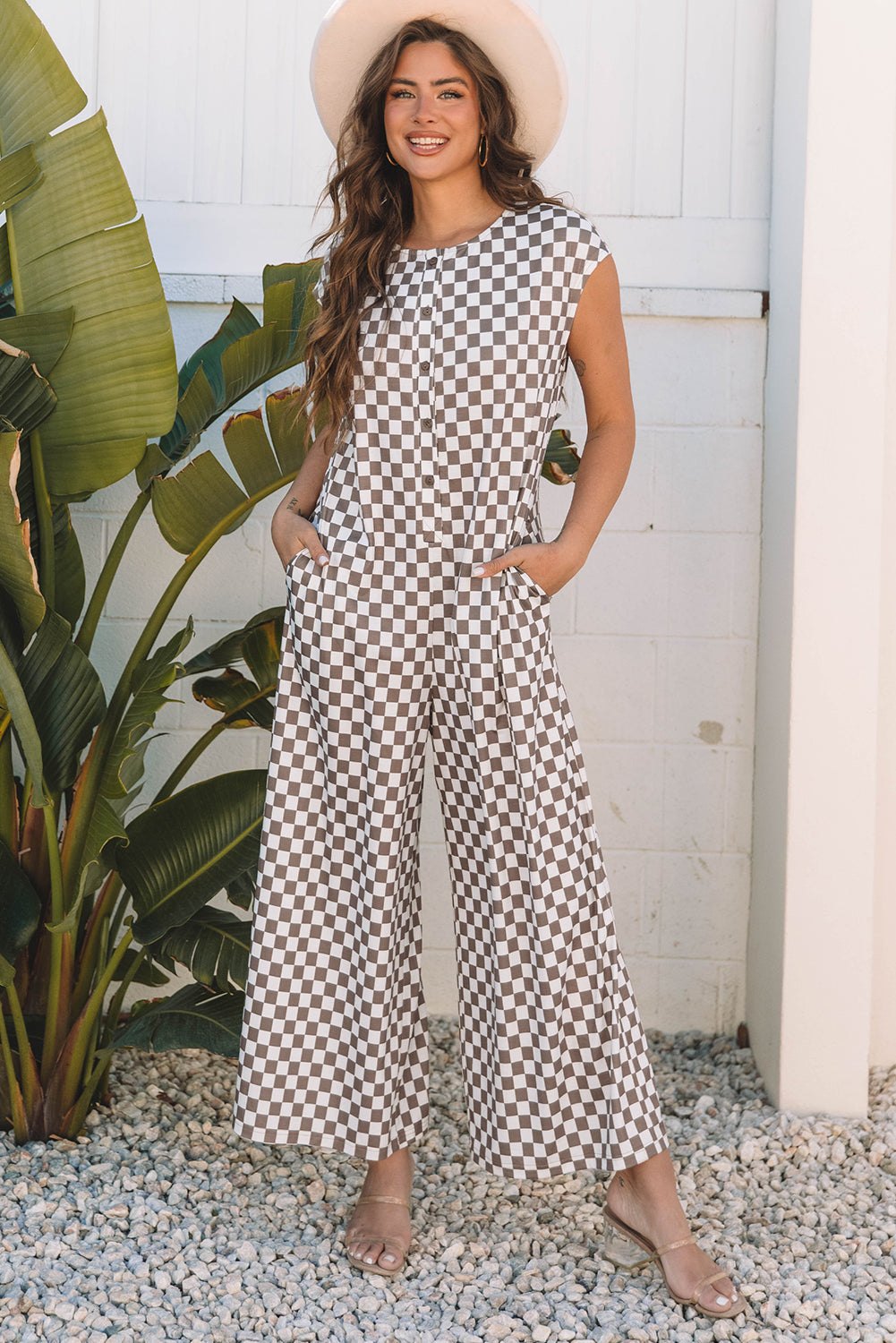 Jumpsuits & Rompers - Checkered Wide-Leg Jumpsuit