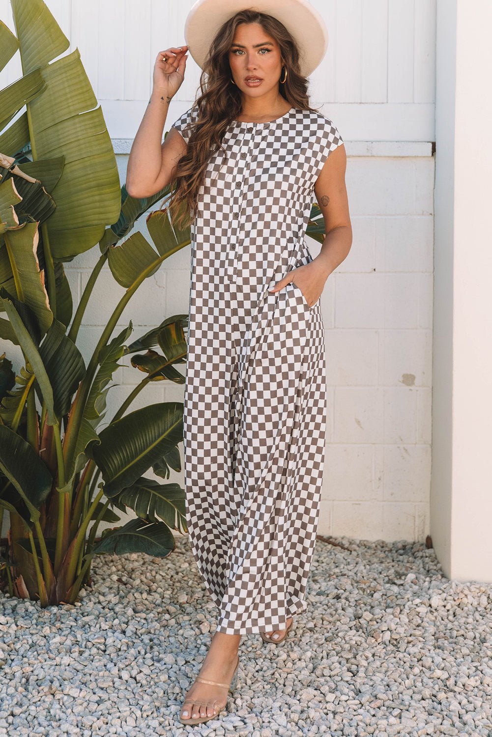 Jumpsuits & Rompers - Checkered Wide-Leg Jumpsuit