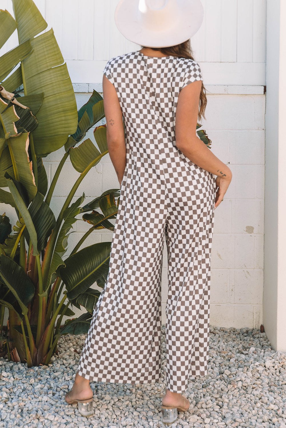 Jumpsuits & Rompers - Checkered Wide-Leg Jumpsuit