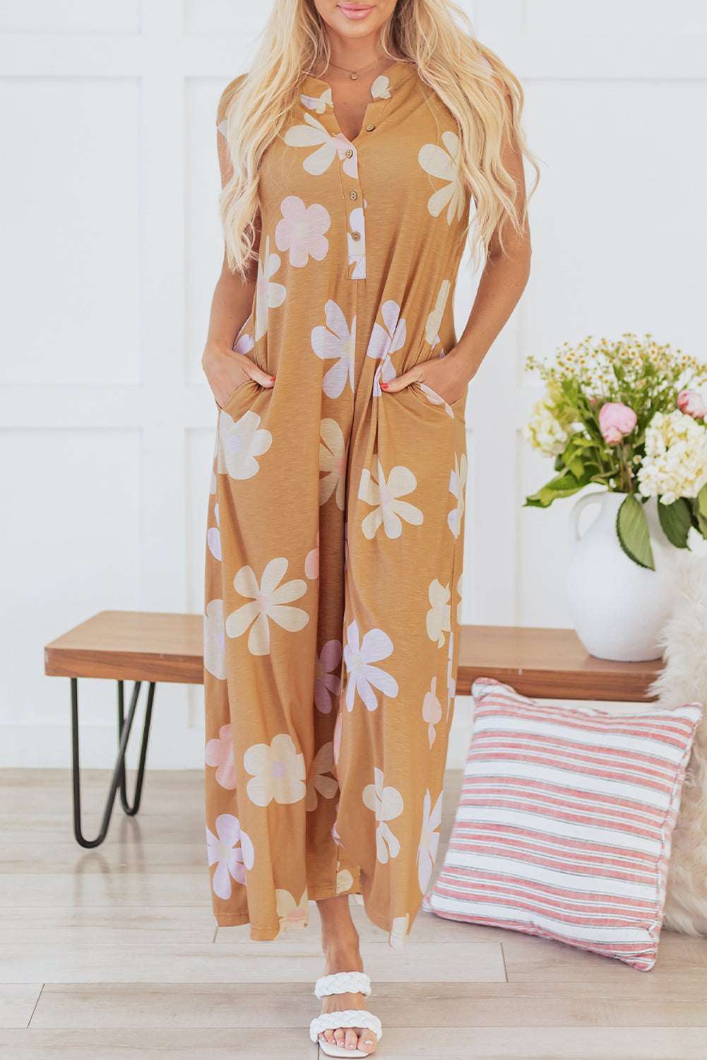 Jumpsuits & Rompers - Floral Buttoned Jumpsuit - Casual Wide-Leg Outfit for Women