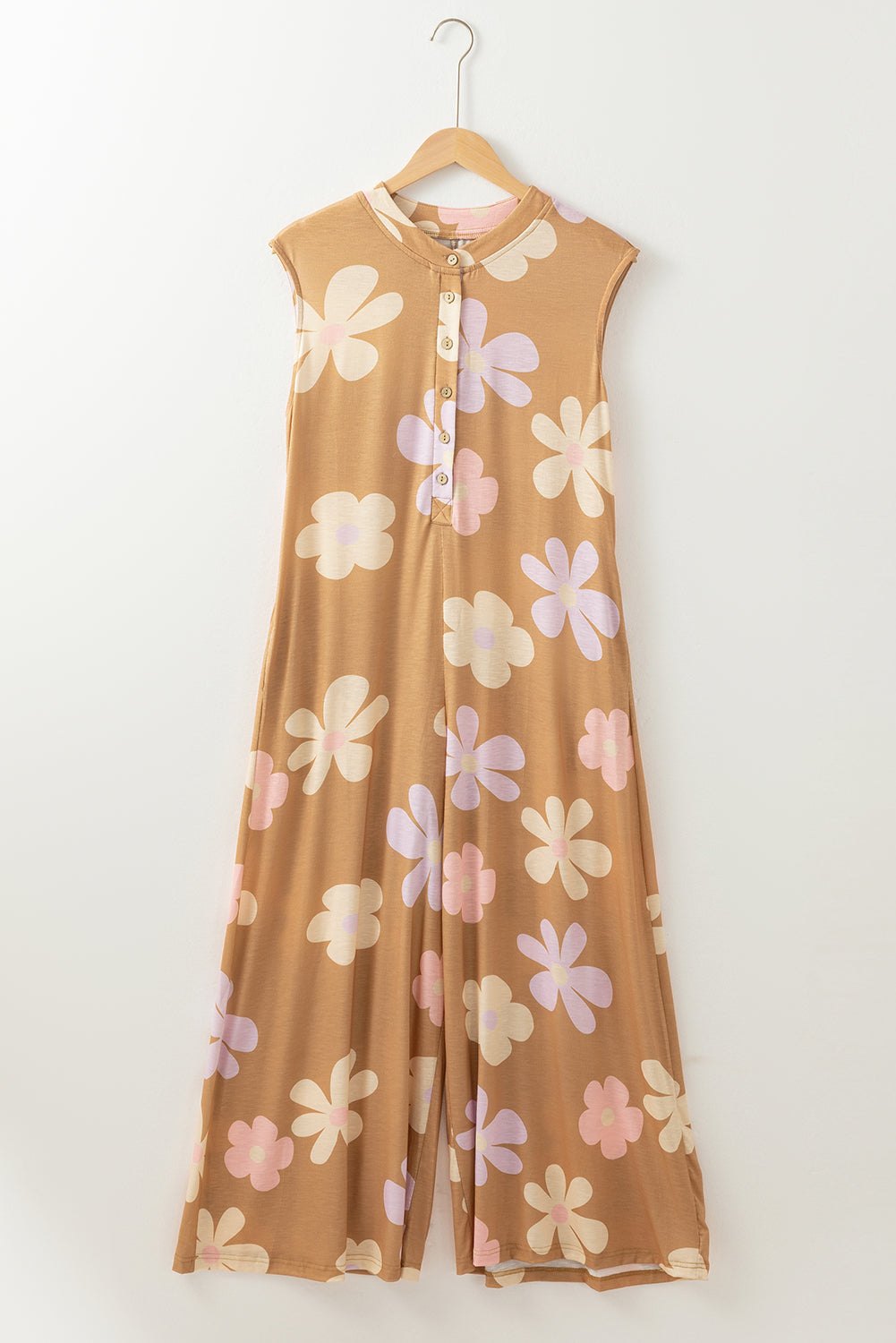 Jumpsuits & Rompers - Floral Buttoned Jumpsuit - Casual Wide-Leg Outfit for Women