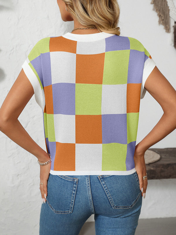 Knit Blouses - Checkerboard Knit Top for Women