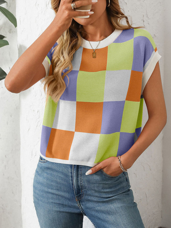Knit Blouses - Checkerboard Knit Top for Women