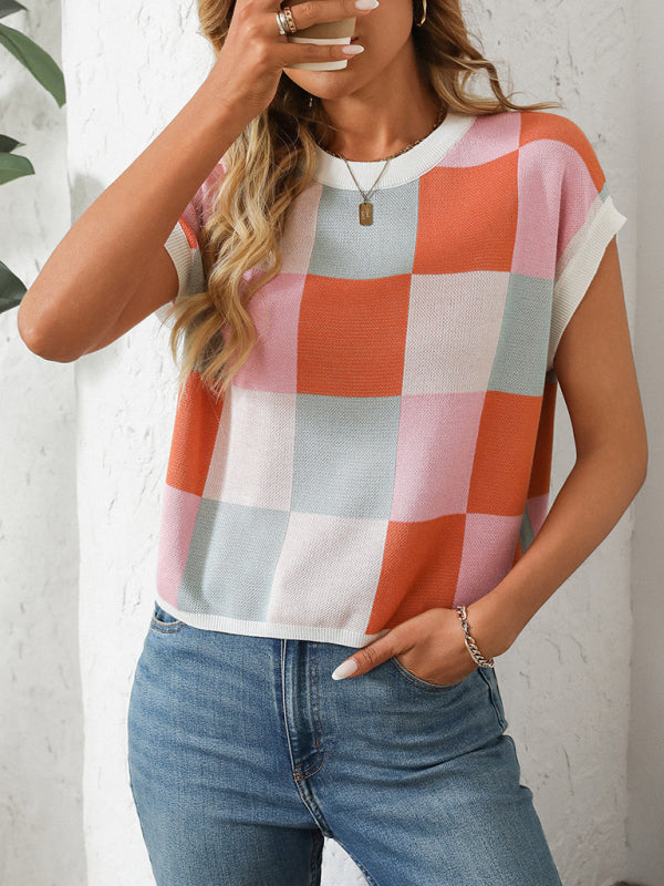 Knit Blouses - Checkerboard Knit Top for Women