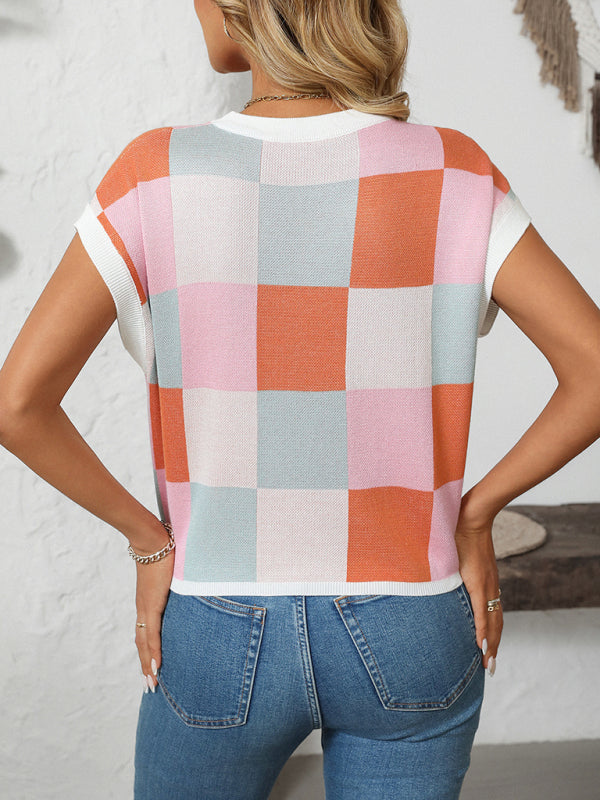 Knit Blouses - Checkerboard Knit Top for Women