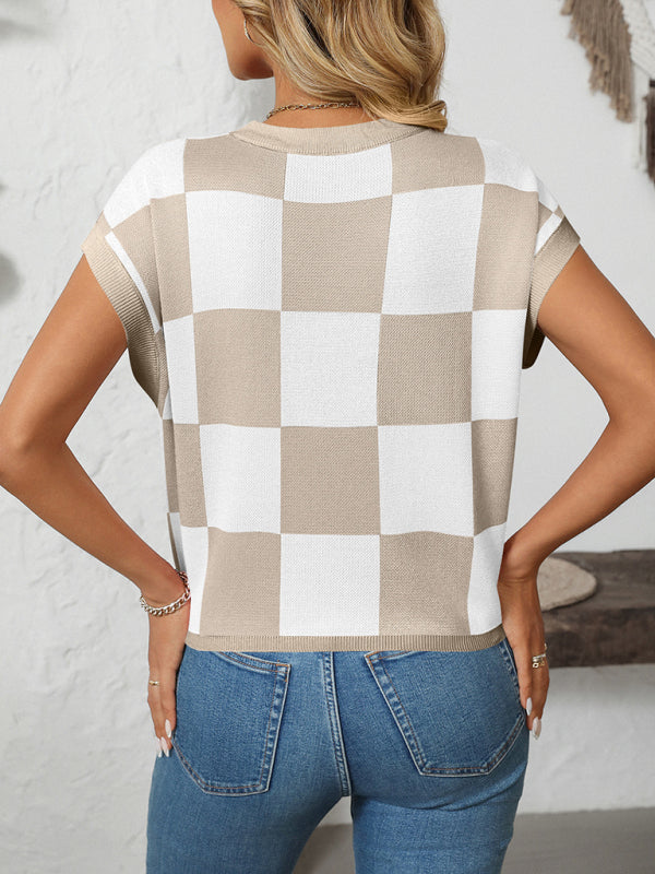 Knit Blouses - Checkerboard Knit Top for Women