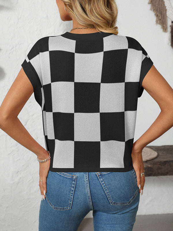 Knit Blouses - Checkerboard Knit Top for Women