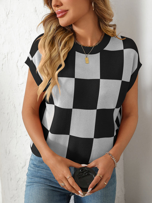Knit Blouses - Checkerboard Knit Top for Women