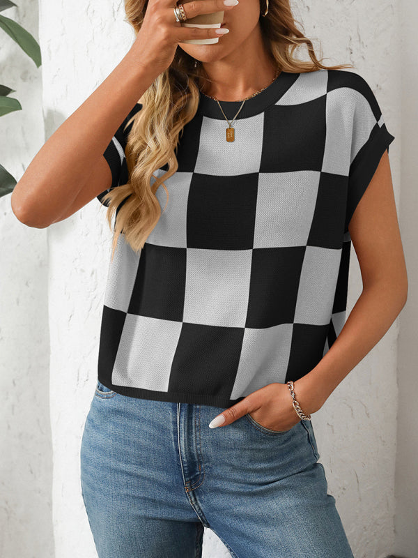 Knit Blouses - Checkerboard Knit Top for Women