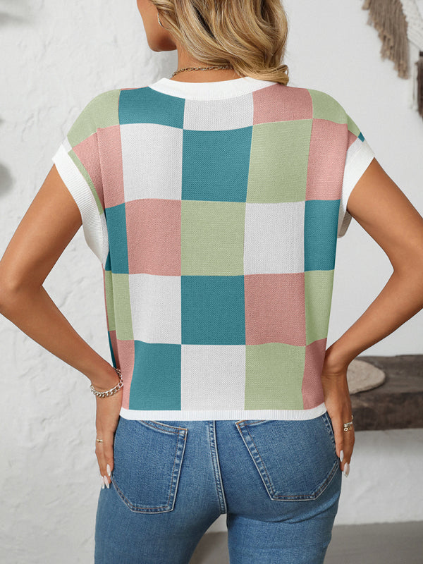 Knit Blouses - Checkerboard Knit Top for Women