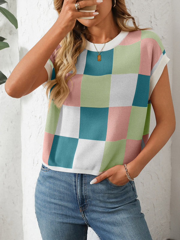 Knit Blouses - Checkerboard Knit Top for Women