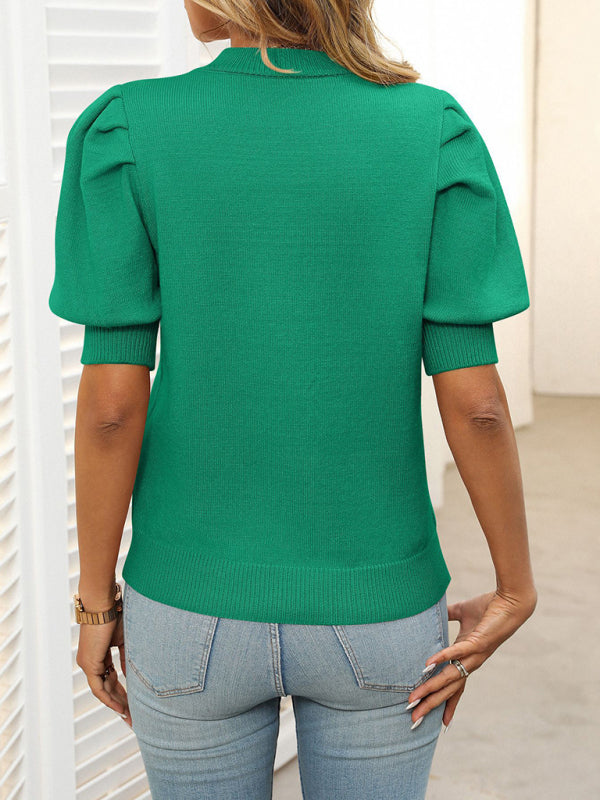 Knit Blouses - Pink Knit Top with Puff Sleeves