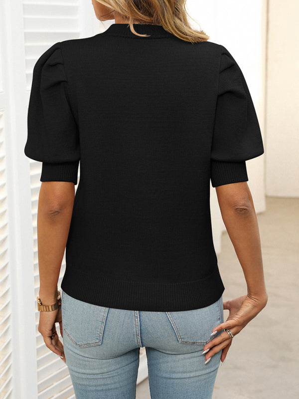 Knit Blouses - Pink Knit Top with Puff Sleeves