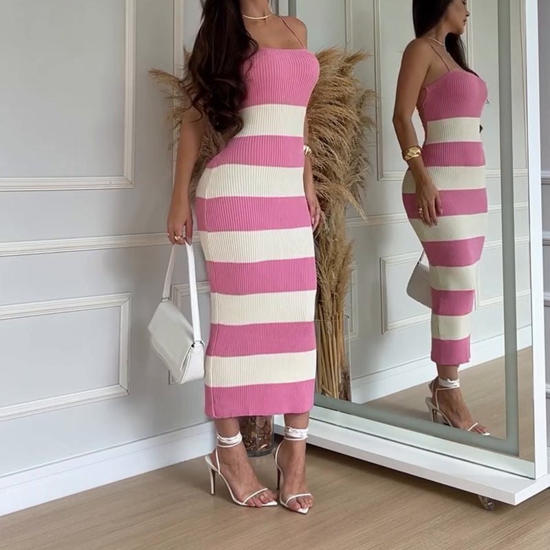 Knit Dresses - Knit Stripe Backless Summer Dress for Casual Elegance