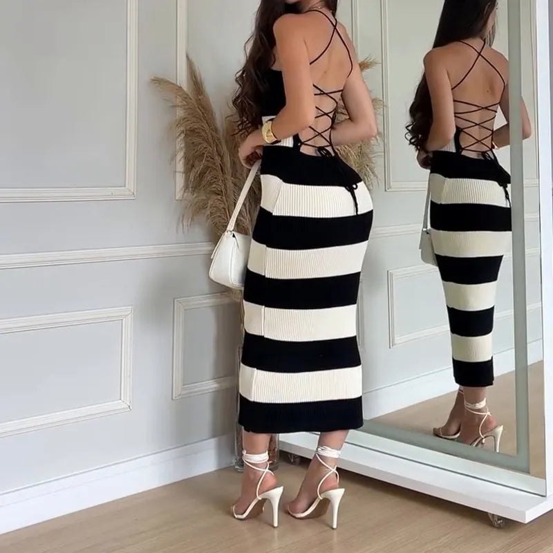 Knit Dresses - Knit Stripe Backless Summer Dress for Casual Elegance