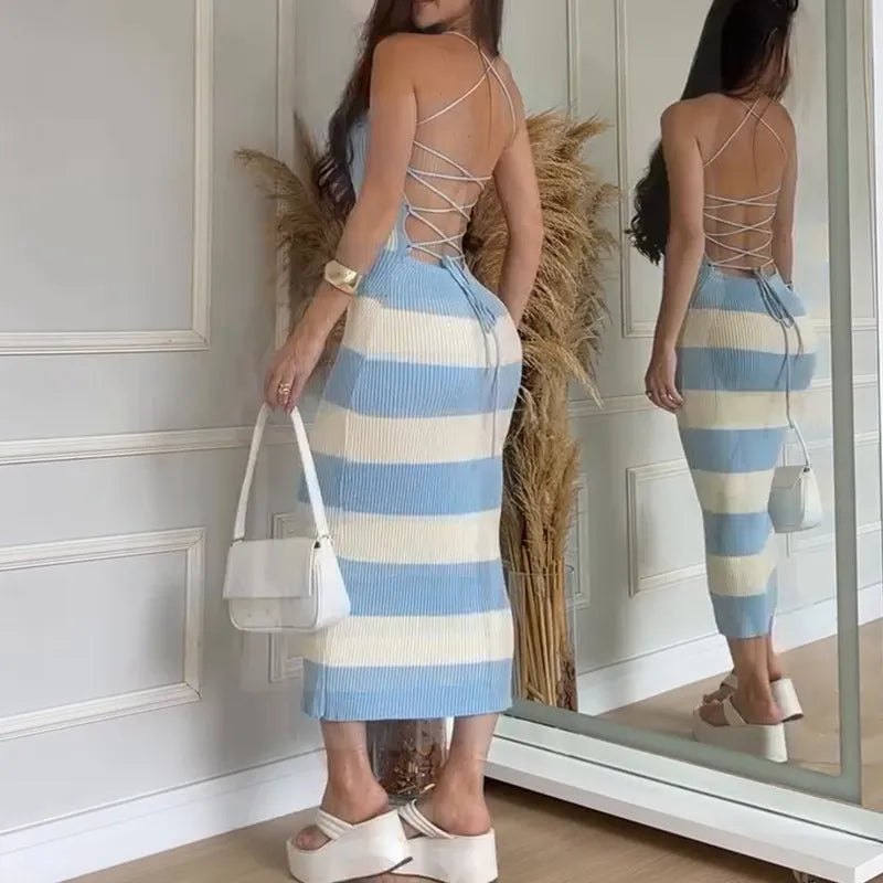Knit Dresses - Knit Stripe Backless Summer Dress for Casual Elegance