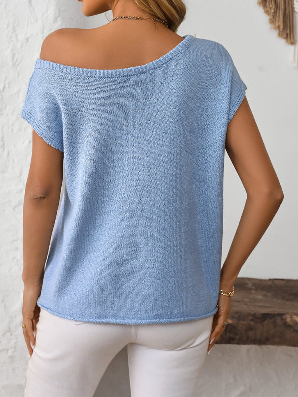 Knit Tops - Asymmetric Boat Neck Blouse for Women in Knitting
