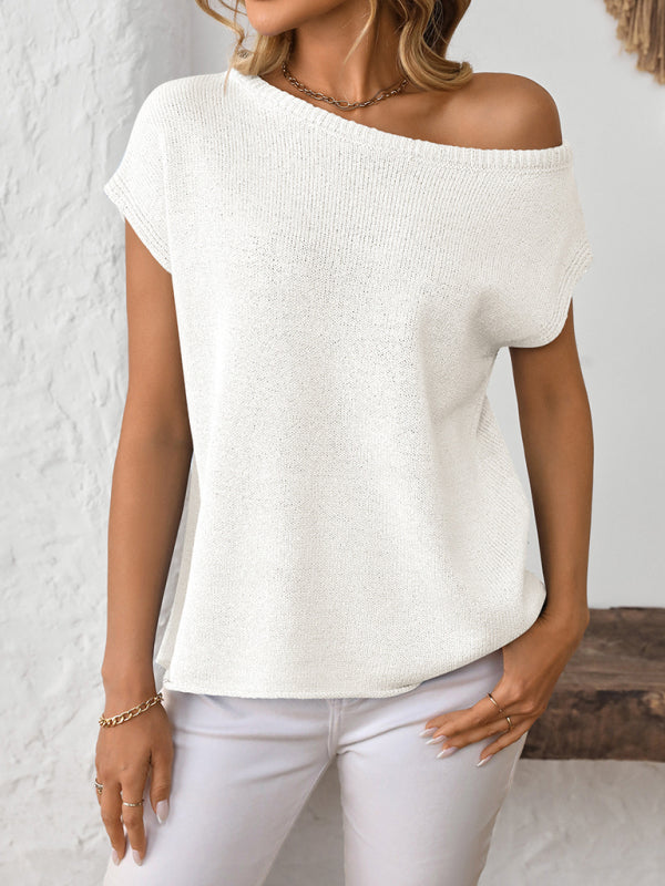 Knit Tops - Asymmetric Boat Neck Blouse for Women in Knitting