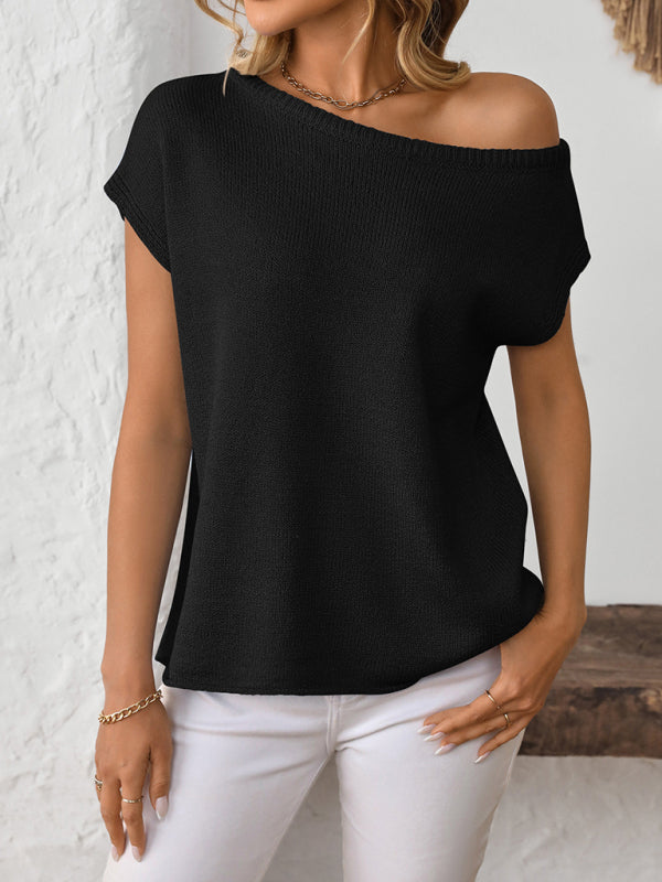 Knit Tops - Asymmetric Boat Neck Blouse for Women in Knitting