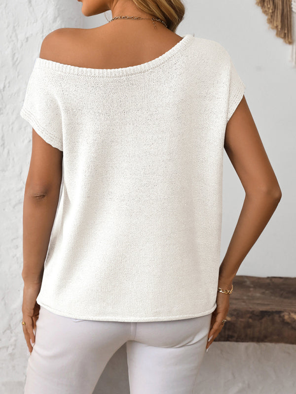 Knit Tops - Asymmetric Boat Neck Blouse for Women in Knitting