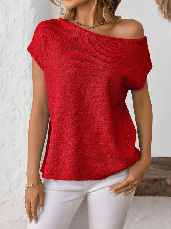 Knit Tops - Asymmetric Boat Neck Blouse for Women in Knitting