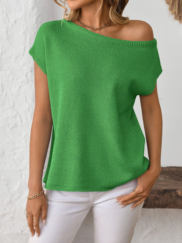 Knit Tops - Asymmetric Boat Neck Blouse for Women in Knitting