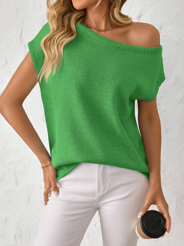 Knit Tops - Asymmetric Boat Neck Blouse for Women in Knitting