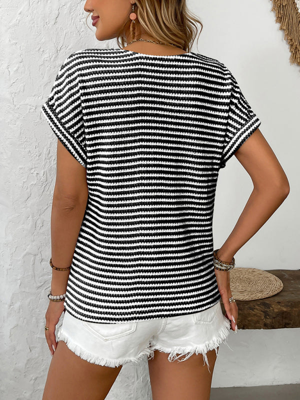 Knit Tops - Summer Striped V-Neck Knit Top