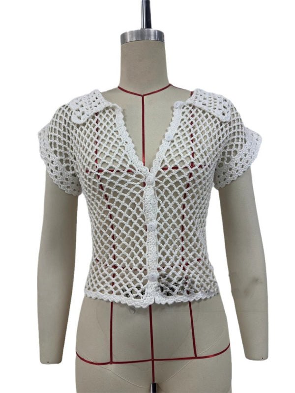 Knit Tops - Casual Summer Hollow Knit Crop Blouse for Women