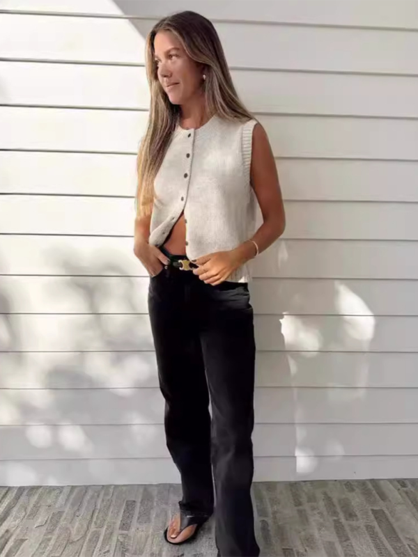 Knit Tops- Women's Knitting Button-Up Sleeveless Top- - Pekosa Women Fashion