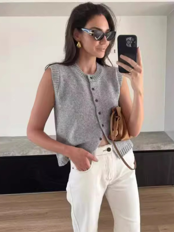 Knit Tops- Women's Knitting Button-Up Sleeveless Top- - Pekosa Women Fashion
