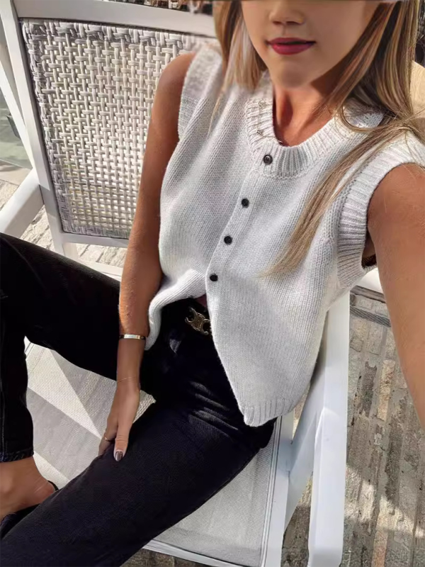 Knit Tops- Women's Knitting Button-Up Sleeveless Top- - Pekosa Women Fashion
