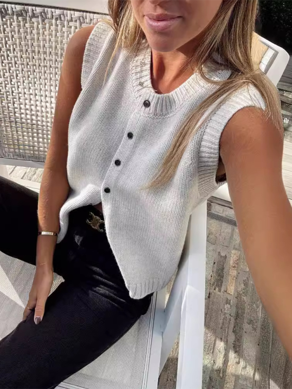Knit Tops- Women's Knitting Button-Up Sleeveless Top- - Pekosa Women Fashion