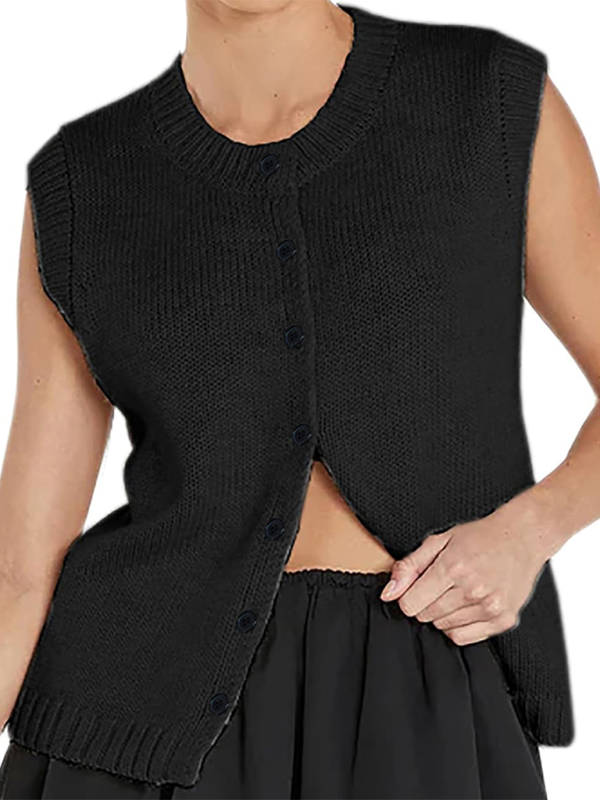 Knit Tops- Women's Knitting Button-Up Sleeveless Top- Black- Pekosa Women Fashion