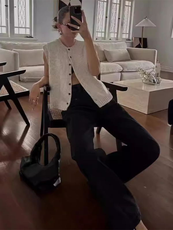 Knit Tops- Women's Knitting Button-Up Sleeveless Top- - Pekosa Women Fashion